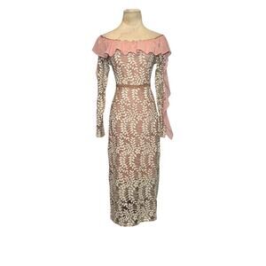 PrettyLittleThing Dusty Pink Bardot Lace Frill Sleeve Pencil Dress size 6